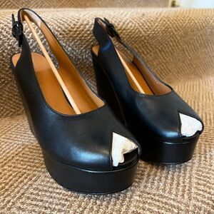 NEW Robert Clergerie DYLAN Black Leather Peep Toe Wedge Heels